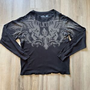 Affliction Size 2XL Long Sleeve Wing Graphic Thermal Dark Brown Y2K Skull Grunge